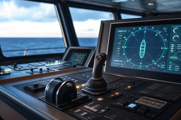 Illustration of a vessel positioning console and thruster controls