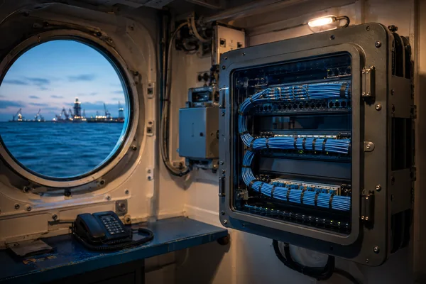 Illustration of network infrastructure in a vessel communications room