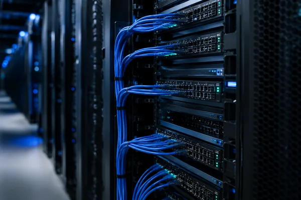 Illustration of server racks with blue data cables