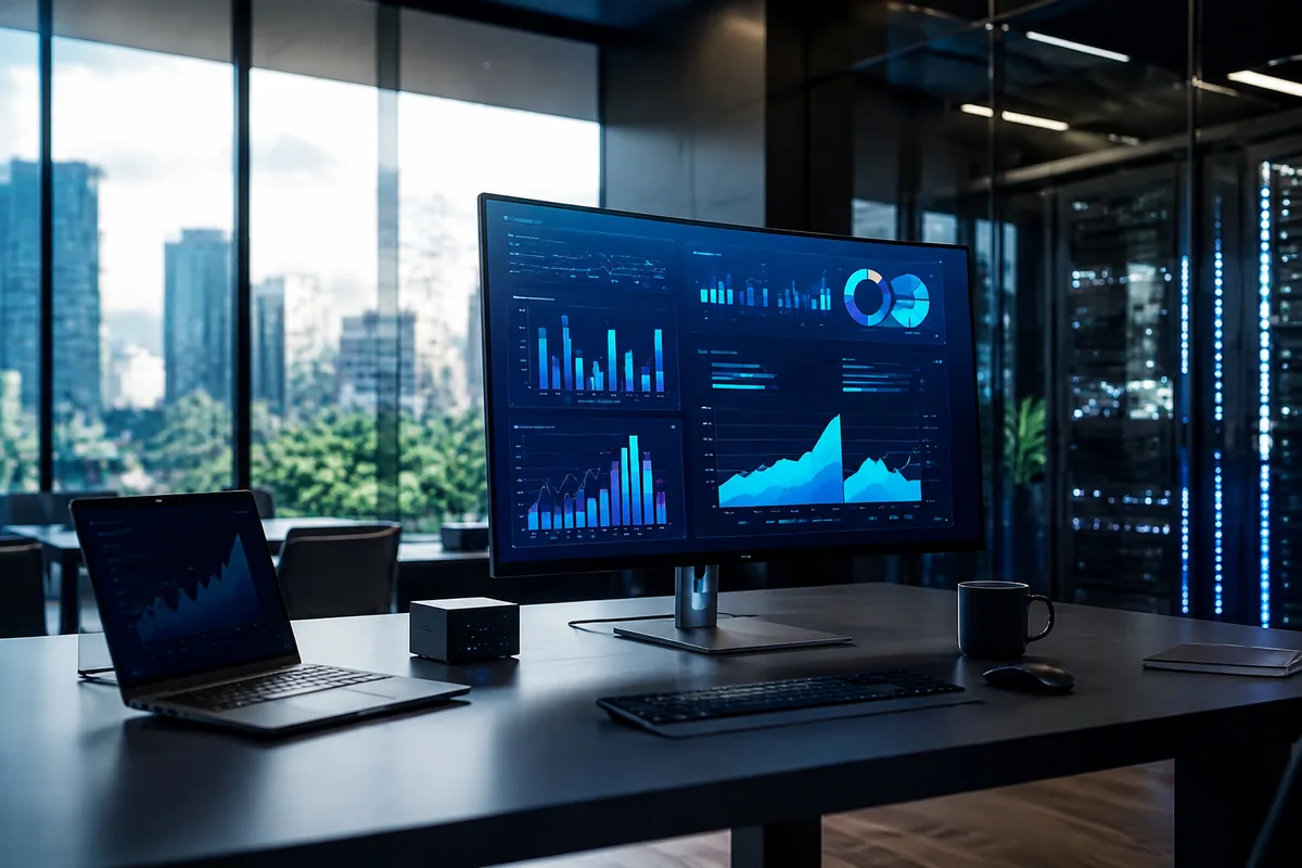 Illustration of a software workspace with dashboards and connected systems